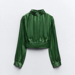 Zara Women’s Beaded Satin Effect Crop Top Long Sleeve Blouse Green Size XS NWT